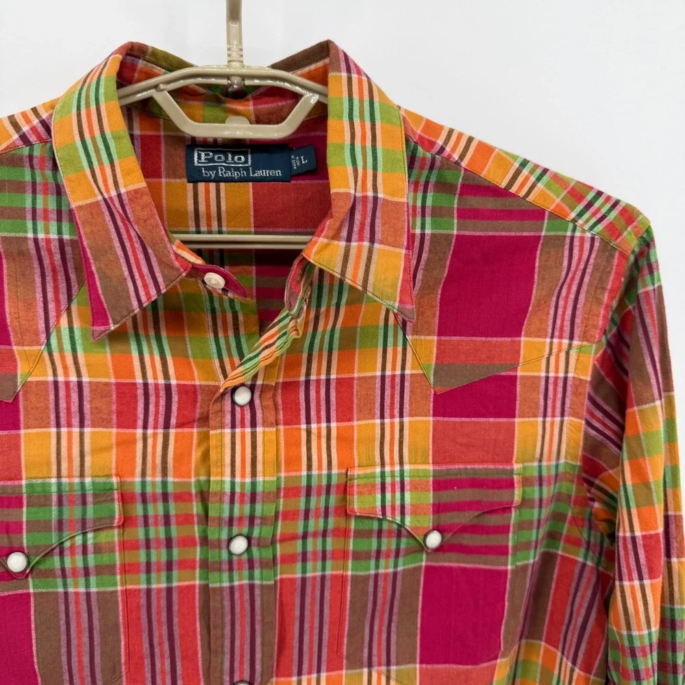 Polo Ralph Lauren Mens Large Plaid Western Shirt Pearl Snap Cotton Multi Color